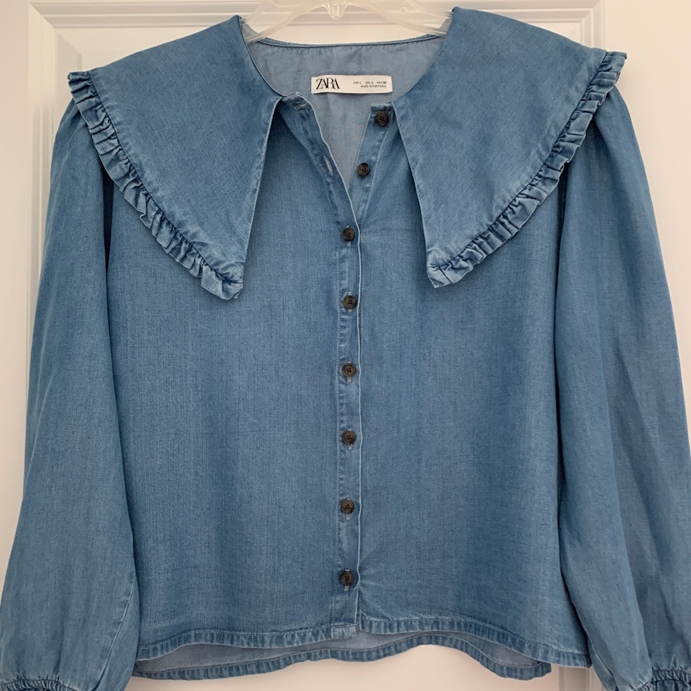 ZARA Denim Ruffled Blouse